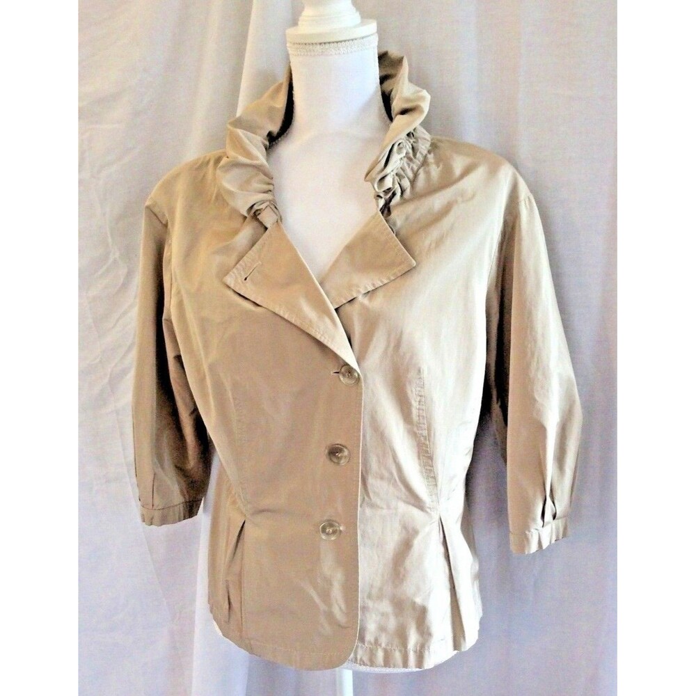APRIORI Jacket Rolled Gathered Ruffled Collar Top Taupe Lined  Button Front